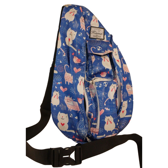 The Kamo Large Sling Crossbody Bag Shimmery Cats Hearts Blue - Picture 1 of 16